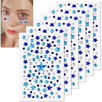6 Sheets Blue Rhinestone Face Gems 4Th Of July Star Face Body Jewels Stickers Self-Adhesive Diamond Crystal Independence Day Party Costume Makeup