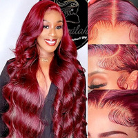 Wolfay 26 Inch 13X6 Burgundy Hd Lace Front Wigs Human Hair Body Wave 13X6 Transparent Frontal Wigs Pre Plucked Natural Hairline 180% Density Glueless Human Hair Wig For Women Daily Party 99J