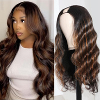 Beautkol U Part Human Hair Wig Body Wave Highlight #1B/30 Ombre Brown Wig 180% Density U Part Wig Half Brazilian Virgin 100% Human Hair Wigs For Black Women Clip In Glueless No Leave Out Wig 18Inch