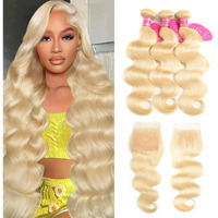 613 Bundles Blonde Human Hair Body Wave Bundles With 4 X 4 Closure (18 20 22+16 Inch) 100% Unprocessed 12A Grade Brazilian Virgin Hair Quick Weave Extensions For Women