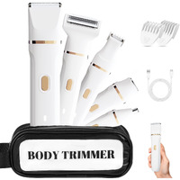 Bikini Trimmer For Women, 5-In-1 Waterproof Electric Razors For Women, Rechargeable Pubic Hair Trimmer, Electric Shaver With Travel Pouch, Body Shaver For Private Area Underarm Leg Face Nose, White