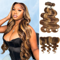 Alher 4/27 Honey Blonde Highlight 3 Bundles With 13X4 Frontal (18 20 22 + 18), 12A Balayage Ombre Honey Brown 100% Virgin Remy Hair Bundles Body Wave,With Ear To Ear Hd Lace Frontal Closure Free Part