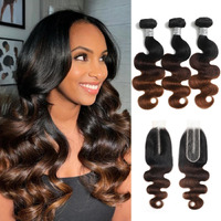 Auroo Chestnut Brown Ombre Body Wave 3 Bundles With 2X6 Hd Lace Closure Human Hair 16 18 20+14, 12A Bundles With Kim K Closure Long Deep Parting #T1B/2/30 3 Tone Medium Brown Colored Sew In Extension