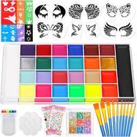 Professional Face Painting Kit, 26 Colors Oil Palette Face Paint With 6 Stencils, 41 Stencil Stickers, 10 Brushes, 9 Body Glitter, 2 Sheets Adhesive Gems, Rainbow Facepaint For Kids Party & Halloween