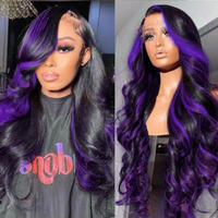 Marry Moon 13X6 Highlight Purple Ombre Human Hair Wigs For Women 180% Density 13X6 Lace Frontal Black And Purple Lace Front Wigs Human Hair Body Wave Skunk Stripe Glueless Wig Pre Plucked (28Inch)
