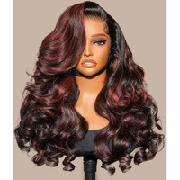 Alipearl Body Wave Lace Front Wigs Layered Cut Curtain Bangs Side Part 13X4 Body Wave Human Hair Highlights 1B/99J Burgundy Glueless Wigs With Baby Hair 16 Inch