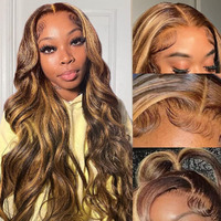 Keabalo Highlight Ombre Lace Front Wig Human Hair Pre Plucked With Baby Hair 13X4 Body Wave Frontal Wig 180% Density 4/27 Colored Honey Blonde Lace Front Wig For Women 34 Inch