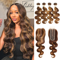 Alher Honey Blonde Highlight Bundles With 2X6 Lace Closure 18 20 22+18 Inch Long Deep Part, Body Wave 4/27 Highlight Ombre Brown Colored Bundles With 2X6 Kim K Lace Closure, 100% Remy Human Hair Weft