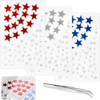 4Th July Star Face Stickers Gems For Makeup, 3 Sheets Red Silver And Blue Face Glitter Rhinestone Jewels, Self Adhesive Face Eye Nail Body Gems Stick On For Patriotic Rave Festival Accessories