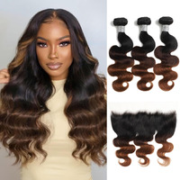 Auroo Chestnut Ombre Bundles With 13X4 Hd Lace Frontal Human Hair Body Wave, 12A Dark Brown 3 Bundles Human Hair And Frontal Ear To Ear Free Part #T1B/2/30 3 Tones Colored Sew In Extension 14 16 18+12