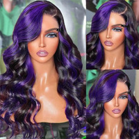 Marry Moon 13X6 Highlight Purple Ombre Human Hair Wigs For Women 180% Density 13X6 Lace Frontal Black And Purple Lace Front Wigs Human Hair Body Wave Skunk Stripe Glueless Wig Pre Plucked (24Inch)