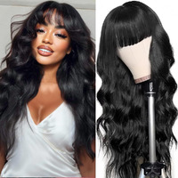 Sooolavely 28 Inch Body Wave Wigs With Bangs Human Hair Wig For Women Machine Made None Lace Front Wigs 180% Density Brazilian Virgin Human Hair Glueless Wig With Adjustable Drawstring Natural Color