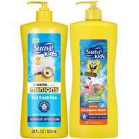 Suave Kids 3-In-1 Variety 2-Pack -  Minions Fresh Fun + Spongebob Squarepants Jellyfish Splash Tear-Free Shampoo, Conditioner & Body Wash, 28 Oz Ea
