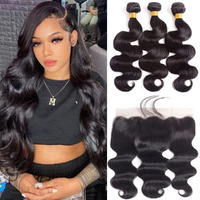 Human Hair 3 Bundles With 13X4 Lace Closure 100% Unprocessed Brazilian Body Wave Human Hair Bundles With Closure Double Weft Ocean Wave Human Hair Extensions(12 14 16+10 Frontal)