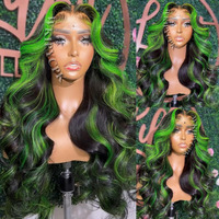 Wkipycpk Green Highlight Lace Front Wig Black Hair With Green Skunk Stripe Synthetic Lace Front Wigs For Black Women 24 Inch Long Body Wave Heat Resistant Hair Pre Plucked Natural Hairline