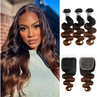 Auroo Chestnut Brown Ombre Body Wave 3 Bundles With 5X5 Closure Human Hair 16 18 20+14, 12A 3 Tone Medium Brown Colored Wavy Human Hair Bundles With Hd Lace Closure Free Part #T1B/2/30 Ombre Remy Weft
