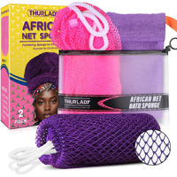 Thurlady African Net Sponge Authentic With Knots, African Scrub Bath Net, 2 Pieces Exfoliating Body Back Scrubber For Shower, Gentle Exfoliating Washcloth, With 1 Soap Bag (Purple & Pink)