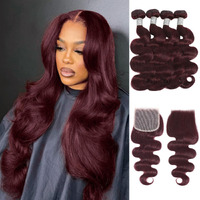 Alher 12A 99J Dark Burgundy Body Wave Human Hair Bundles With 4X4 Lace Closure 20 20 22 24+20 Inch, 99J Purplish Wine Red Colored 100% Unprocessed Virgin Remy Hair 4 Bundles With 4X4 Hd Lace Closure