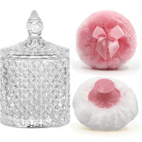 Luxury 4.2 Inch Glass Powder Container With 2 Plush Puffs|Non-Sealed Refillable Organizer For Body Powder&Makeup|Setting Powder Applicator W/Loose Powder Storage(Pointed Cylinder-Clear-Large)