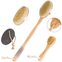 Bonumvita Dry Brushing Body Brush Set- Wooden Long Handle Body Brush Set With Pumice Stone & Face Brush, Boar Bristle Body Bath Scrubber Brush For Lymphatic Drainage & Cellulite, Detachable