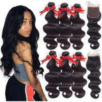 Beauhair Brazilian Body Wave Virgin Hair Bundles With Lace Closure(26 28 30+20 Closure) Human Hair Unprocessed Body Wave Hair With Closure 4X4 Lace Free Part Natural Black Hair
