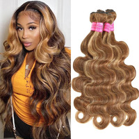 Yisea Ombre P4/27 Body Wave Bundles Human Hair (22 24 26 28 Inch) 12A Highlight Dark Brown With Honey Blonde Mix Human Hair Body Wave Bundles Sew-In For Black Women Silky And Soft