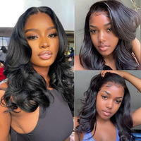 Uvvuvv 4X4 Body Wave Lace Front Wigs Human Hair 180% Density 16 Inch Lace Frontal Wigs Human Hair Pre Plucked Hd Transparent Short Body Wave Wigs For Women Natural Black Color(16Inch)