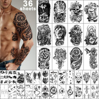 Yazhiji 36 Sheets Temporary Tattoos Stickers, 12 Sheets Fake Body Arm Chest Shoulder Tattoos For Men Or Women With 24 Sheets Tiny Black Tattoos
