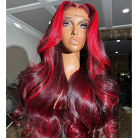 Healthair Red Volume Highlight Skunk Strip On 99J Lace Front Wigs Human Hair 180% Density Body Wave Fire Red Ombre 13X4 Hd Lace Pre Plucked 99J Colored Human Hair Wig For Women (24Inch)