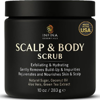 Scalp And Body Scrub - Exfoliating Sugar Cleanser With Coconut Oil, Menthol & Aloe - Dual-Use Polisher For Dry Skin & Flaky Scalp - Soothing, Cooling & Hydrating - Infina Essentials | 8.45 Fl Oz