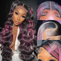 Keabalo Ombre Lace Front Wig Human Hair Skunk Stripe Human Hair Wigs 13X4 Hd Lace Frontal Body Wave Highlight Pink Human Hair Wig Pink And Black Colored Wigs Human Hair 180% Density 32 Inch