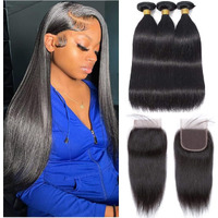 Straight Bundles With Closure Human Hair 20 22 24+18 Inch 100% Brazilian Unprocessed Virgin Body Wave 3 Bundles Human Hair With 4X4 Free Part Lace Closure Natural Black