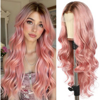 Sapphirewigs Pink Lace Front Wigs 13X4 Synthetic Lace Front Wigs Long Body Wave Ombre Honey Pink Heat Resistant Fiber Hair Pre-Plucked Hairline Cosplay Daily Wig 26 Inch