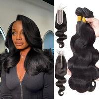 Body Wave Bundles Human Hair With 2X6 Closure (16 18 20+14 Inch) Natural Black 12A Brazilian Human Hair Bundles With Hd Lace Closure