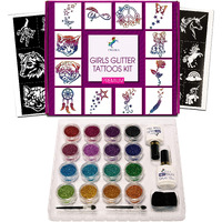 Premium Glitter Temporary Tattoo Kit For Girls, 74 Stencils, 16 Colors And 2X 0.5 Fl.Oz Body Glue For Body Glitter Fake Tattoos For Kids Makeup Tattoo Supplies Party Favors Party Supplies For Girls