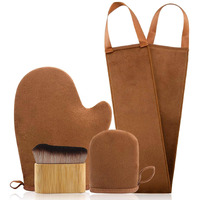 Funan Self Tanning Applicator Kit With Tanning Glove For Self Tan Mitt, Back Lotion Applicator, Mini Mitt And Ultra Soft Self Tanner Brush Bamboo Kabuki Brush, Brown