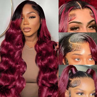 Avolo 26 Inch Ombre Lace Front Wig Human Hair 13X4 T1B/99J Burgundy Lace Front Wigs Human Hair Body Wave Wine Red Colored Frontal Wigs Human Hair 180% Density Ombre Human Hair Wig With Baby Hair
