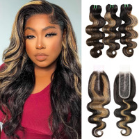 Hermous 13A Double Drawn Honey Blonde Highlight Bundles With 2X6 Closure 16 18 20+16 Inch, Body Wave 3 Bundles With 2X6 Hd Closure Deep Part Unprocessed Thick Remy Hair Brown Ombre Colored F1B/27