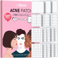 Litbear Pimple Patches For Face, Large Acne Patch, Xl Hydrocolloid Bandages,Zit Stickers For Forehead, Chin, Nose, Body, Back, And Chest, Includes Crescent, Square, And Dot (5 Sizes, 507 Patches)