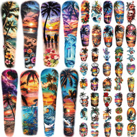 48 Sheets Holiday Ocean Temporary Tattoo For Men Women, 8 Full Arm Flower Skull Sunset Fake Tattoos, 10 Half Arm Beach Turtle Fake Tattoos, 30 Tiny Body Stickers Adult Kid Realistic