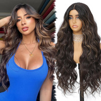 Xchjh 30 Inch Skunk Brown Synthetic Lace Front Wig Long Wavy Body Wave Wigs 4X1 Glueless Pre-Cut Lace Middle Part Synthetic Wavy Wig For Women Beginner-Friendly For Daily Use (Skunk Stripe Brown)