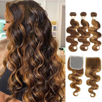 Alher 4/27 Honey Blonde Highlight 3 Bundles With 4X4 Lace Closure Body Wave (18 20 22 + 18), Bundles With Closure Balayage Ombre Brown Human Hair Sew In Weave, 12A 100% Brazilian Virgin Hair For Women