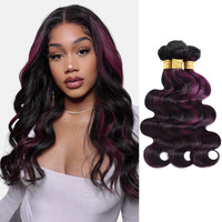 Alher Black Mix Purple Highlight Bundles Human Hair Body Wave 24 26 28 In, 12A Soft Thick 1B/Purple Burgundy Bundles Wavy Human Hair, 100% Remy Hair Midnight Purple Highlight Dark Root Two Tone Color