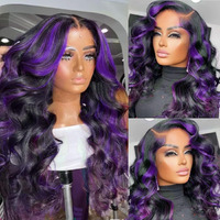 Marry Moon 13X6 Highlight Purple Ombre Human Hair Wigs For Women 180% Density 13X6 Lace Frontal Black And Purple Lace Front Wigs Human Hair Body Wave Skunk Stripe Glueless Wig Pre Plucked (30Inch)