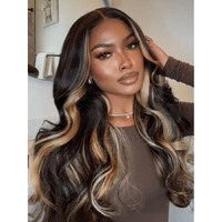Nadula Bye Bye Knots Glueless Butterscotch Highlight Body Wave 7X5 Pre Cut Lace Front Wigs Human Hair Pre Plucked Bleached Knots Ready To Wear With Face-Framing Brown Highlights 150% Density 20Inch