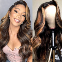 Haha Brown Ombre Lace Closure Wig Human Hair 1B/30 Highlight Lace Front Wig 4X4 Body Wave Honey Blonde Highlight Wig Human Hair Glueless Pre Plucked Bleached Knots 150% Density Balayage 20 Inch