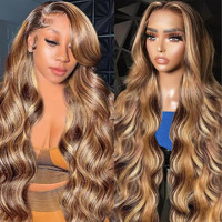 Sftnmeh Honey Blonde Ombre 13X6 Lace Front Wig Human Hair 210 Density Highlight Body Wave Lace Front Wigs Human Hair Pre Plucked Glueless Lace Frontal Wig For Women 4/27 Colored 26Inch