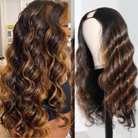 Highlight Ombre U Part Human Hair Wig Body Wave 180% Density U Part Wig Brazilian Virgin Human Hair Wigs For Black Women Full Head Clip In Half Wigs Glueless No Leave Out Lace Front Wig 20Inch #Fb30