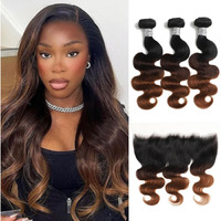 Auroo Ombre Bundles With Frontal 13X4 Body Wave 20 22 24+18, 12A Virgin Glossy Colored Dark Brown Chestnut Ombre Human Hair Bundles With 13X4 Closure Frontal Ear To Ear Free Part #T1B/2/30 Weaves Weft