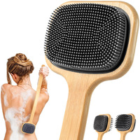 Nurender Silicone Back Brush For Shower, 21.65'' Long Bamboo Handle, Dual-Sided For Sensitive Skin, Dry Brushing & Back Cleansing, Soft And Dry Quickly Body Bath Scrubber For Men, Women, Elderly